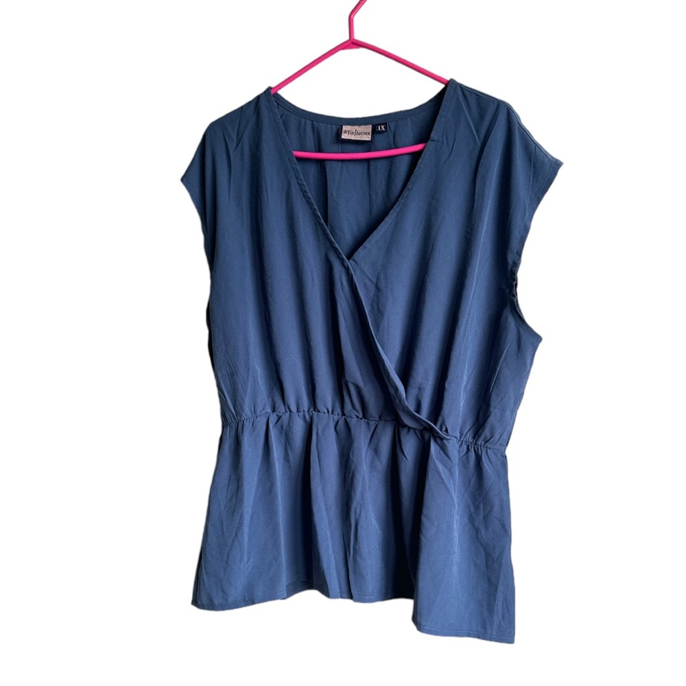 Weinfluence Women’s 1X Blue Faux Wrap Sleeveless Blouse